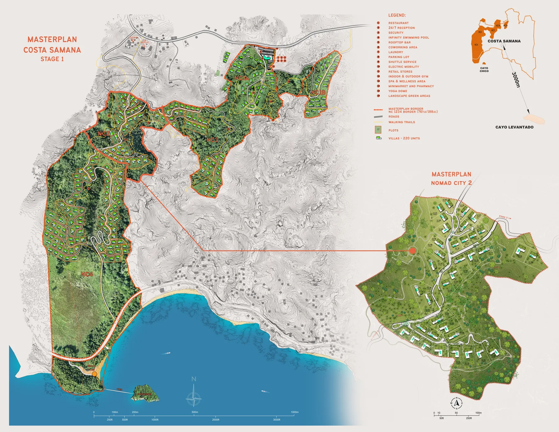 Costa Samana masterplan — Nomad City phases NC1A, NC1B, NC2, NC3 and NC4 with amenities legend